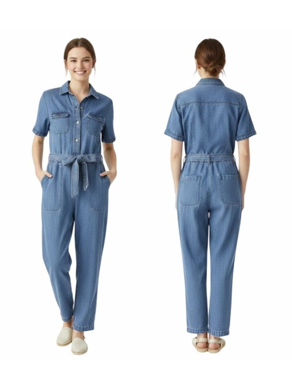 ⭐Old Navy Womens Denim Jumpsuit Sz M Short Sleeve Belted Utility Blue Romper New